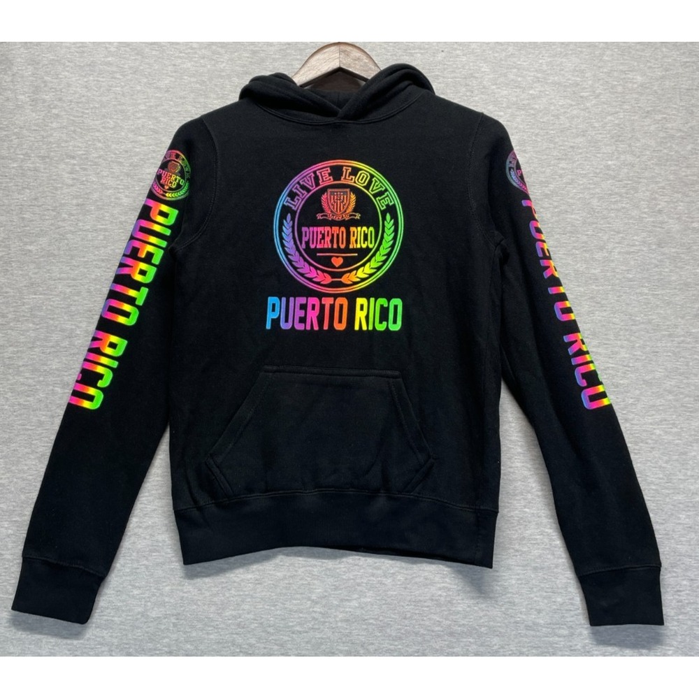 Popular Apparel Fleece Hoodie Youth L (14/16) Black Cotton Graphic Puerto Rico